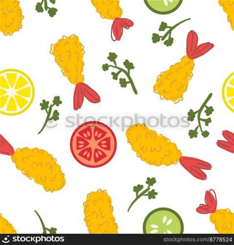 Ebi furai seamless pattern with shrimp tempura and vegetables. Perfect print for T-shirt, paper, textile and fabric. Hand drawn vector background for decor and design.