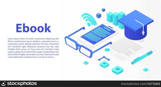 Ebook concept banner. Isometric illustration of ebook vector concept banner for web design. Ebook concept banner, isometric style