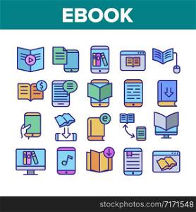 Ebook Electronic Tool Collection Icons Set Vector Thin Line. Ebook Device For Reading, Phone Application, Internet Web Site And Bookmark Concept Linear Pictograms. Color Contour Illustrations. Ebook Electronic Tool Collection Icons Set Vector