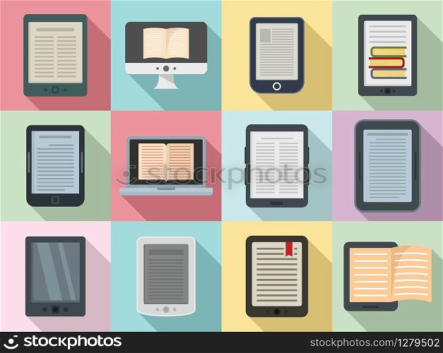 Ebook icons set. Flat set of ebook vector icons for web design. Ebook icons set, flat style