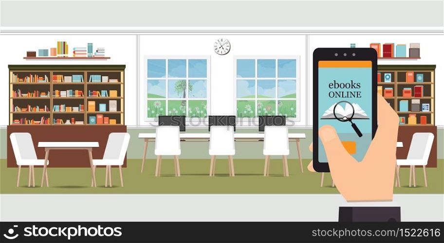 Ebook online modern library interior with bookshelves, Online library, education vector illustration.