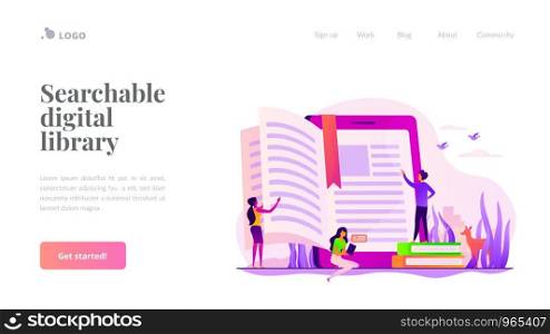 Ebook reader application. Electronic encyclopedia, web archive technology. Searchable digital library, education online, easy access knowledge concept. Website homepage header landing web page template.. Ebook landing page template