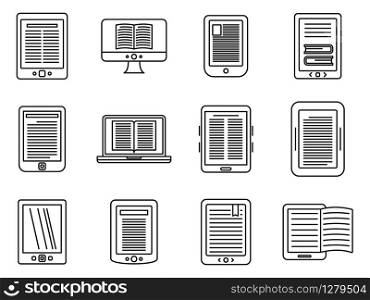 Ebook reader icons set. Outline set of ebook reader vector icons for web design isolated on white background. Ebook reader icons set, outline style
