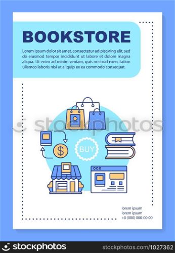 Ebook store poster template layout. Online book shopping. Virtual purchasing. Banner, booklet, leaflet print design with linear icons. Vector brochure page layouts for magazines, advertising flyers