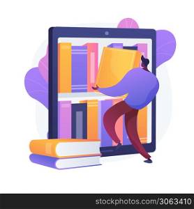 Ebooks collection. Library archive, e reading, literature. Male cartoon character loading books in ereader. Man putting novels in covers on bookshelf. Vector isolated concept metaphor illustration.. Ebooks collection vector concept metaphor.