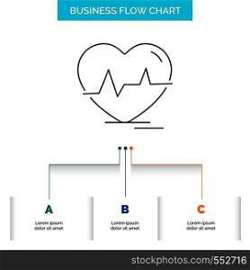 ecg, heart, heartbeat, pulse, beat Business Flow Chart Design with 3 Steps. Line Icon For Presentation Background Template Place for text. Vector EPS10 Abstract Template background