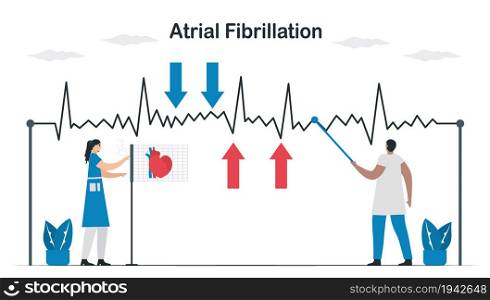 ECG signal of atrial fibrillation. Doctors check and analyze a heart disease. Cardiology vector illustration.