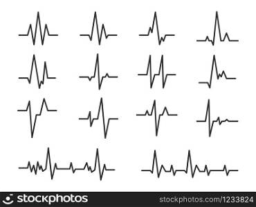 Ecg. Sinusoidal pulse lines, frequency heartbeat stress testing life, monitor with signal graphic pulsing, cardiogram heartbeat logo vector electrocardiogram beat set. Ecg. Sinusoidal pulse lines, frequency heartbeat stress testing life, monitor with signal graphic pulsing, cardiogram heartbeat logo vector set