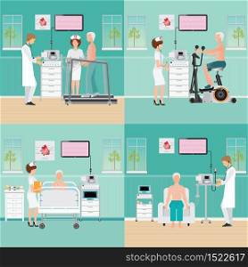 ECG Test or Exercise Stress Test for Heart Disease on treadmill and exercise bike, cardiology center room interior with blood pressure monitor, healthy and medical flat design vector illustration.