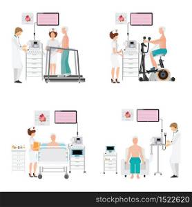 ECG Test or Exercise Stress Test for Heart Disease on treadmill and exercise bike isolated on white, cardiology center room interior with blood pressure monitor, healthy and medical flat design vector illustration.