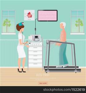 ECG Test or Exercise Stress Test for Heart Disease on treadmill, cardiology center room interior with blood pressure monitor, healthy and medical flat design vector illustration.