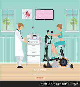 ECG Test or Exercise Test for Heart Disease on Exercise Bikes, cardiology center room interior with blood pressure monitor, healthy and medical flat design vector illustration.