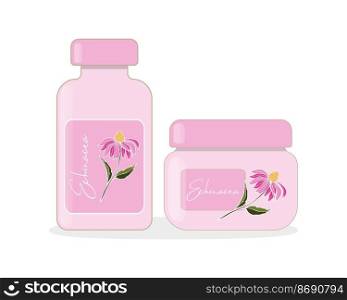 Echinacea purpurea plant. Echinacea flowers with bottle and jar. Extract, supplement, cream, natural oil. Collection of medicinal herbs.