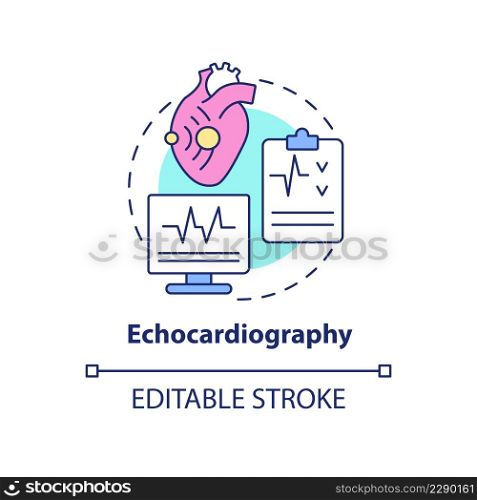 Echocardiography concept icon. Heart ultrasound research. Diagnostic imaging abstract idea thin line illustration. Isolated outline drawing. Editable stroke. Arial, Myriad Pro-Bold fonts used. Echocardiography concept icon