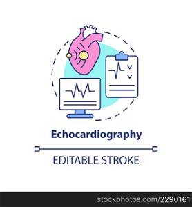 Echocardiography concept icon. Heart ultrasound research. Diagnostic imaging abstract idea thin line illustration. Isolated outline drawing. Editable stroke. Arial, Myriad Pro-Bold fonts used. Echocardiography concept icon
