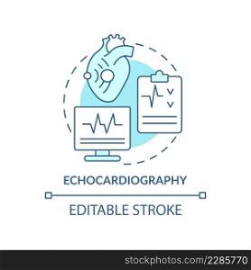 Echocardiography turquoise concept icon. Heart ultrasound research. Diagnostic image abstract idea thin line illustration. Isolated outline drawing. Editable stroke. Arial, Myriad Pro-Bold fonts used. Echocardiography turquoise concept icon