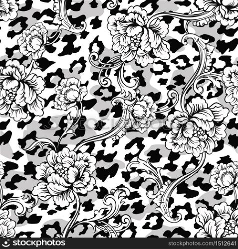Eclectic fabric seamless pattern. Animal background with baroque ornament. Vector illustration. Eclectic fabric seamless pattern. Animal background with baroque ornament.