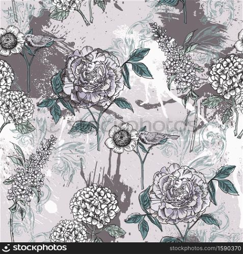 Eclectic floral seamless pattern with spray paint. Trendy hand drawn textures. Modern abstract design for paper, cover, fabric, interior decor and other users.. Eclectic floral seamless pattern with spray paint.