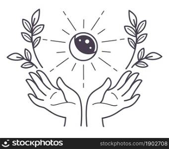 Eclipse of moon and sun, symbol of magical event. Hand holding circle and floral wreath of branches. Mystery and spirituality, occult signs and alchemy. Colorless line art, vector in flat style. Hand holding full moon and sun eclipse with flora