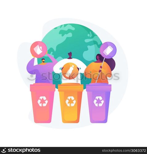 Eco activists sorting garbage. Waste segregation. Disposable system. Ecological responsibility. Trash containers, rubbish cans, recycling idea. Vector isolated concept metaphor illustration. Waste sorting vector concept metaphor