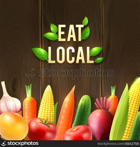 Eco Agricultural Vegetables Poster. Eco agricultural vegetables poster with onion garlic cucumber tomato beet corn carrot on wooden background vector illustration