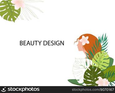 Eco and beauty card template. Profile of a girl with red hairs and tropical plants. Template for organic cosmetics. Monstera leaves, frangipani flowers. EPS8 vector illustration