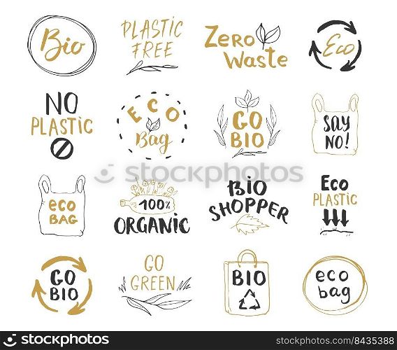 Eco and Bio Calligraphic Letterings Set. Lettering with eco friendly sketch doodle elements. Hand Drawn Vector illustration.. Eco and Bio Calligraphic Letterings Set. Lettering with eco friendly sketch doodle elements. Hand Drawn Vector illustration