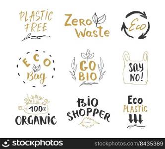 Eco and Bio Hand Drawn labels Set. Calligraphic Letterings with eco friendly sketch doodle elements. Vector illustration.. Eco and Bio Hand Drawn labels Set. Calligraphic Letterings with eco friendly sketch doodle elements. Vector illustration