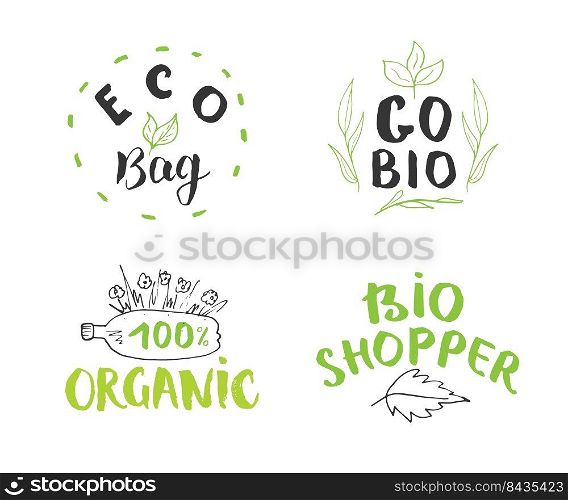 Eco and Bio Hand Drawn labels Set. Calligraphic Letterings with eco friendly sketch doodle elements. Vector illustration.. Eco and Bio Hand Drawn labels Set. Calligraphic Letterings with eco friendly sketch doodle elements. Vector illustration