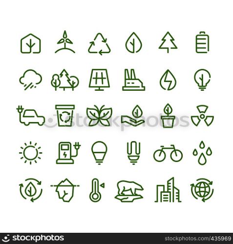 Eco and green environment vector line icons. Ecology and recycling outline symbols. Green energy environment, eco recycling power illustration. Eco and green environment vector line icons. Ecology and recycling outline symbols