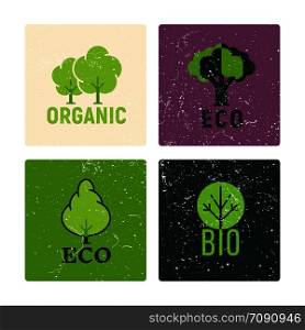 Eco and organic labels of set vector design with grunge elements illustration. Eco and organic labels vector design with grunge elements
