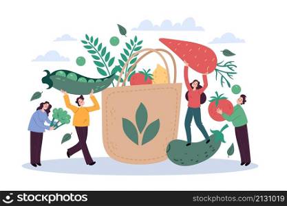 Eco bag and tiny people. Happy men and women collect large vegetables in paper bag, sustainable food packaging, organic shop, reusable packing, zero waste or vegan concept, vector cartoon illustration. Eco bag and tiny people. Happy men and women collect large vegetables in paper bag, sustainable food packaging, organic shop, reusable packing, zero waste or vegan concept vector illustration