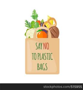 Eco Bag icon with products in flat style isolated on white background. Care Environment concept. Pollution problem. Vector illustration. Eco Bag icon with products in flat style.