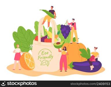 Eco bag with healthy food. Eco friendly grocery package with fresh and organic vegetables and fruit. Cartoon little people holding beetroot, avocado, grapes and peas vector illustration. Eco bag with healthy food. Eco friendly grocery package with fresh and organic vegetables and fruit. Little people