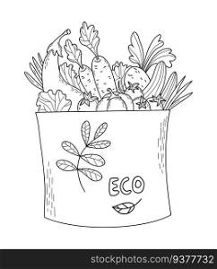 Eco bag with vegetables. Vector outline illustration sketch. Paper bag with food - Carrots, beetroot, tomatoes, cucumbers, eggplant. Ecology concept and recycling, grocery shopping and delivery