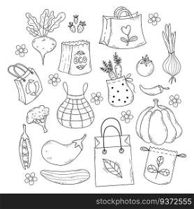 Eco bags and seasonal vegetables and berries. Collection paper grocery bags, eco friendly, mesh and package. Vector illustration. Isolated hand drawn doodle