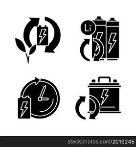 Eco battery disposal black glyph icons set on white space. Environmentally friendly reuse. Recycling electronic waste. Accumulator lifetime. Silhouette symbols. Vector isolated illustration. Eco battery disposal black glyph icons set on white space