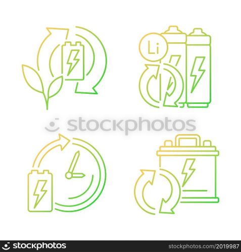 Eco battery disposal gradient linear vector icons set. Environmentally friendly reuse. Recycling electronic waste. Thin line contour symbols bundle. Isolated outline illustrations collection. Eco battery disposal gradient linear vector icons set