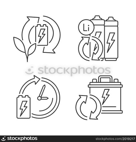 Eco battery disposal linear icons set. Environmentally friendly reuse. Recycling electronic waste. Customizable thin line contour symbols. Isolated vector outline illustrations. Editable stroke. Eco battery disposal linear icons set