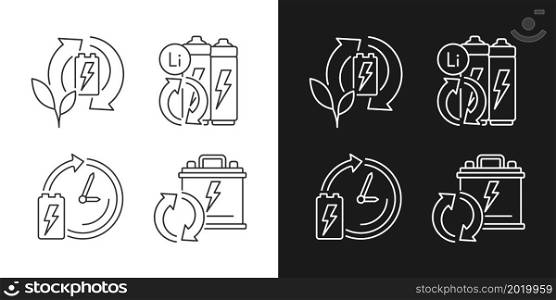 Eco battery disposal linear icons set for dark and light mode. Accumulator reuse. Recycling electronic waste. Customizable thin line symbols. Isolated vector outline illustrations. Editable stroke. Eco battery disposal linear icons set for dark and light mode