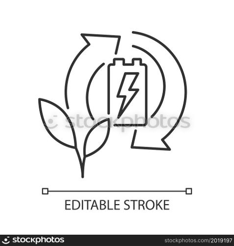 Eco battery recycling linear icon. Prevent hazardous waste landfill. Recharge used accumulator. Thin line customizable illustration. Contour symbol. Vector isolated outline drawing. Editable stroke. Eco battery recycling linear icon