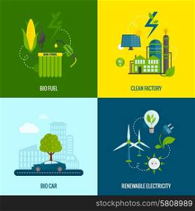 Eco bio car fuel and clean renewable electricity production 4 flat icons composition abstract vector isolated illustration. Eco energy flat icons composition