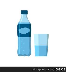 eco bottle and glass of water in flat style. eco bottle and glass of water in flat