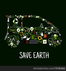 Eco car conceptual symbol composed of green energy wind turbine and solar panel, recycling signs, light bulbs with green leaves, electric cars, bio fuel, water, plants, trees, flowers, industrial plants pollution and radioactive wastes flat icons. Eco car silhouette with green energy flat icons