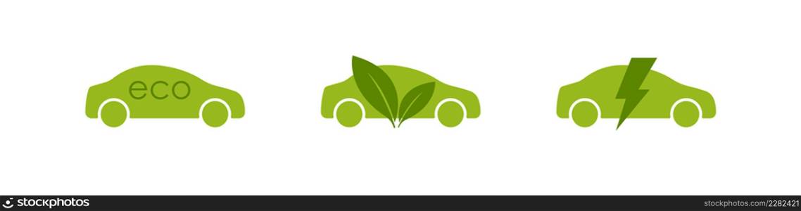 Eco Car set green icon. Hybrid electric car with leaf. Vector flat isolated sign simbol