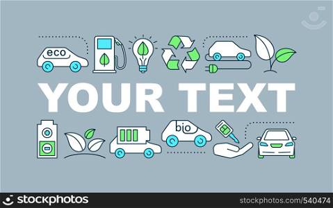 Eco car word concepts banner. Geen vehicle. Electric car. Isolated lettering typography idea with linear icons. Eco friendly transport. Vector outline illustration. Eco car word concepts banner