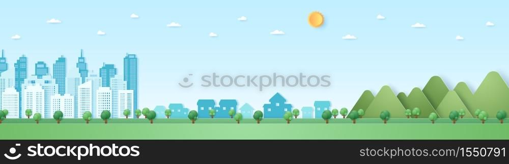 Eco city, Cityscape, Landscape, Building, village and mountain with blue sky and sun, paper art style