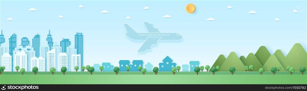 Eco city, Cityscape, Landscape, Building, village and mountain with blue sky and sun, airplane flying to destination, transportation, paper art style