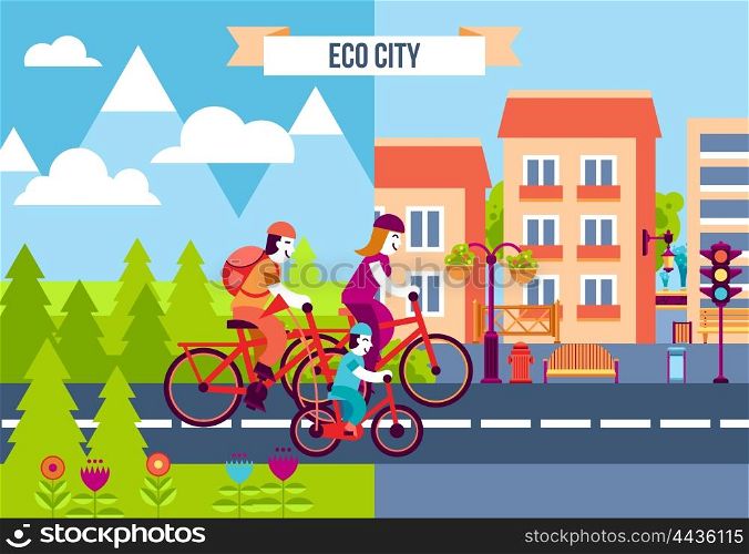 Eco City Decorative Icons. Set of decorative icons with family traveling by bicycles from the suburb to the eco city vector illustration