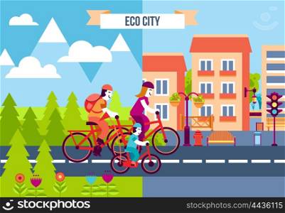 Eco City Decorative Icons. Set of decorative icons with family traveling by bicycles from the suburb to the eco city vector illustration